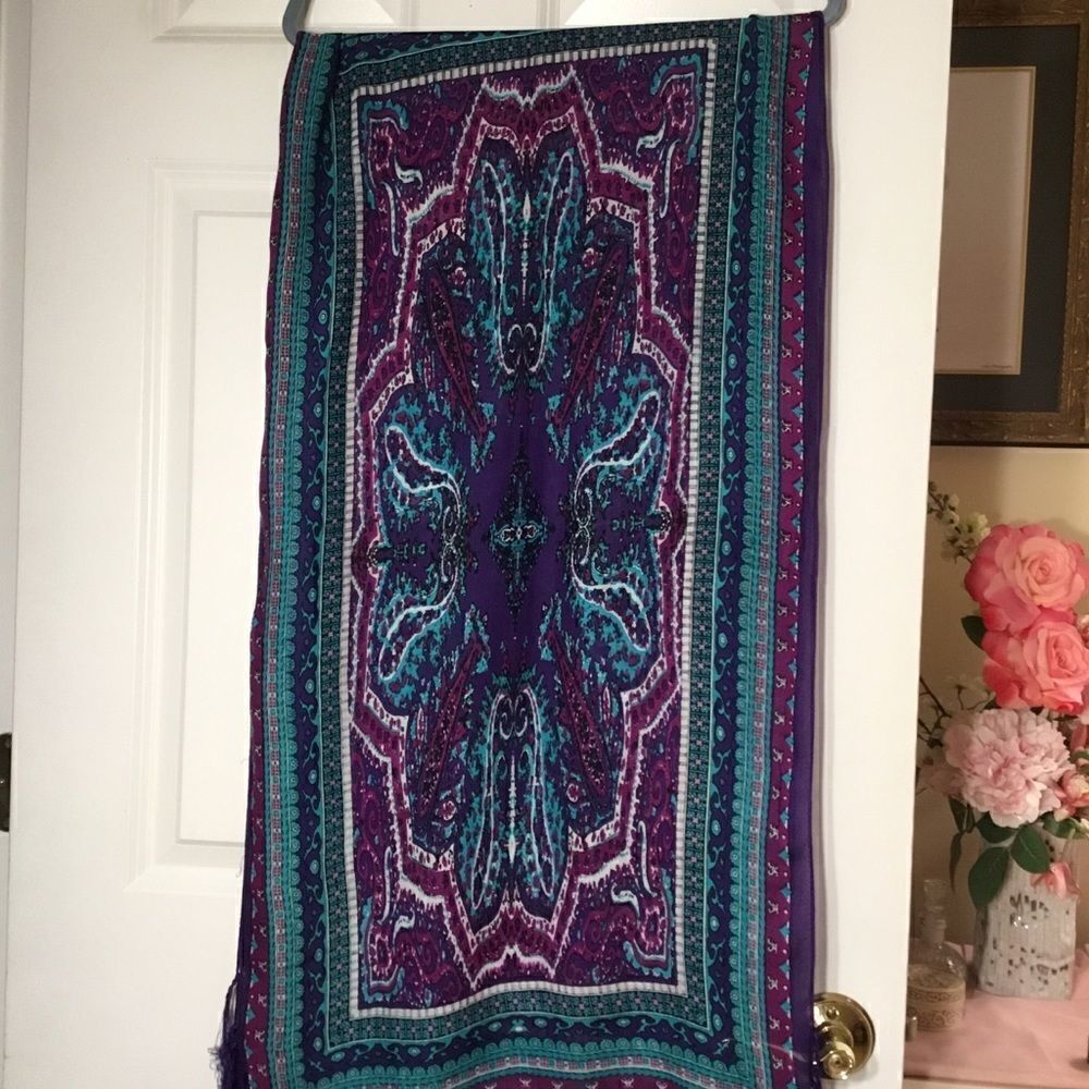 Women’s Rayon Scarf in Teals, Raspberry and Dark Purple